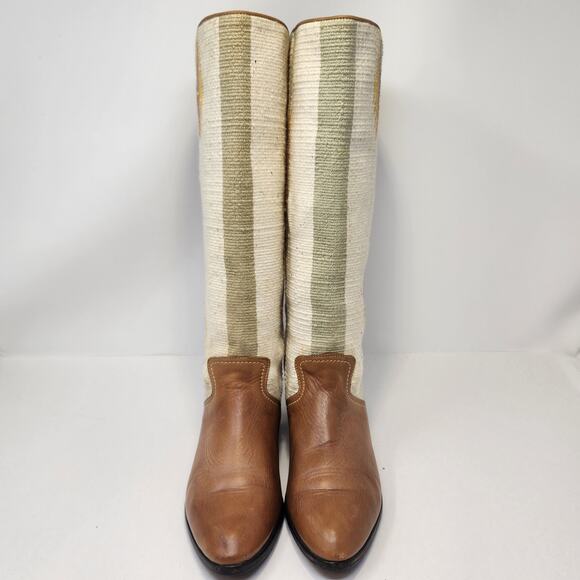 Golo Brown Leather Kilim Knee High Riding Boots Women Size 7 M Vintage Flats - Picture 2 of 9
